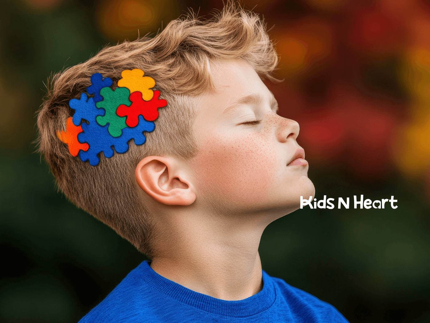 An autistic child with colorful puzzle pieces on their head, representing autism awareness in North Carolina