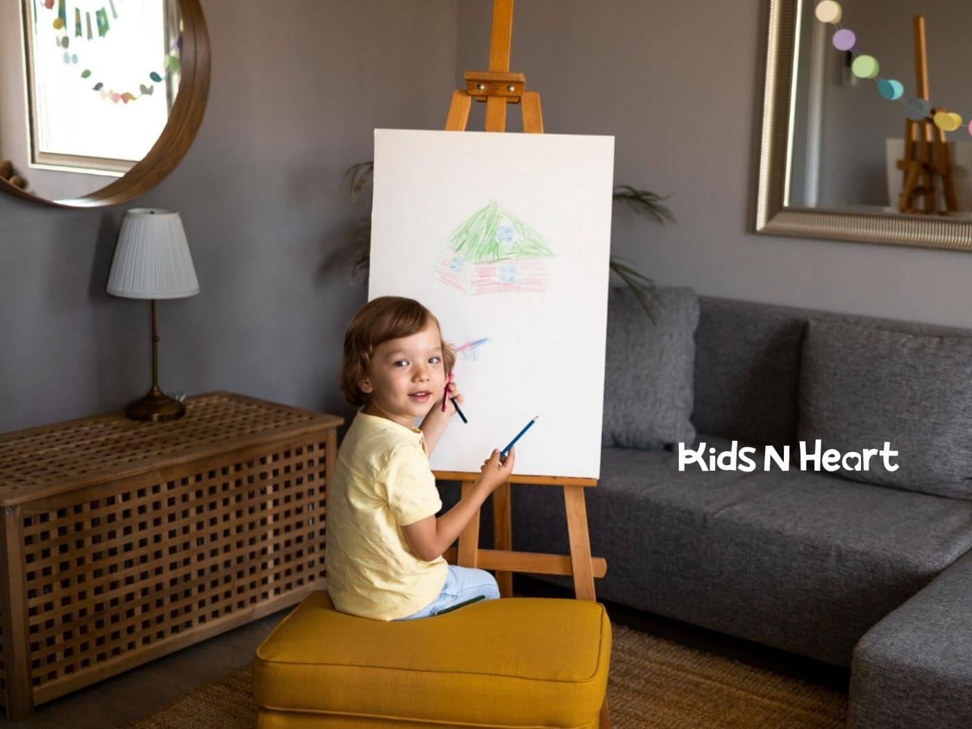 Young child sitting on a cushion, drawing a colorful house on an easel during ABA therapy.