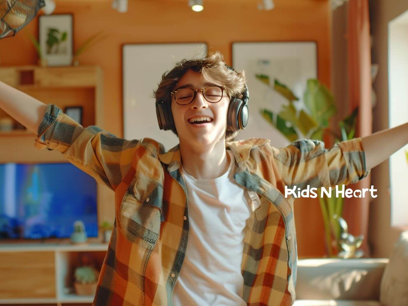 Teen with autism wearing headphones enjoying music at home.
